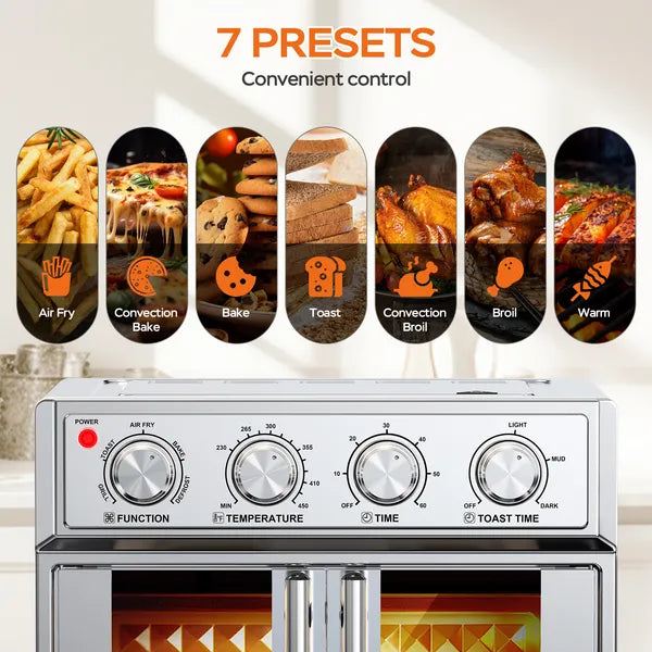 PlumChef™ 29.5 Qt French Door Air Fryer Oven – Professional Silver Stainless Steel Convection Oven – 1700W 10-in-1 Countertop Multicooker