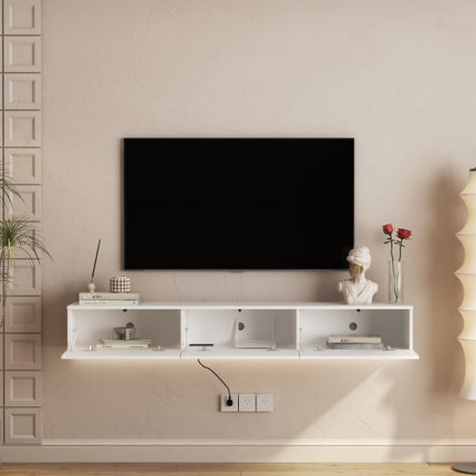 Modern Floating TV Stand with 16-Color LED Lights – Wall Mounted Entertainment Center for TVs up to 65" – High Gloss White Media Console