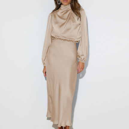 Women's Long Sleeve Matte Satin Midi Dress with Elastic Waist