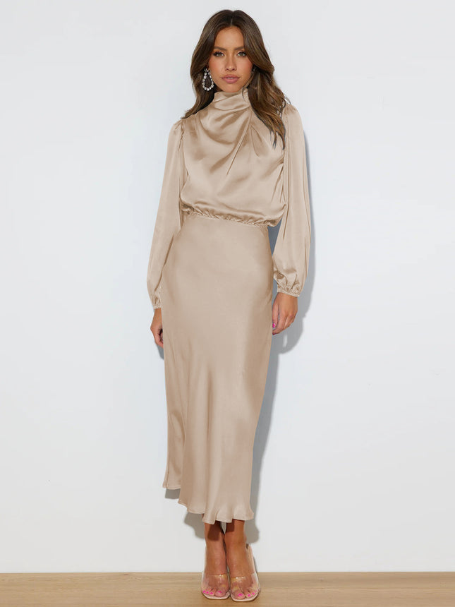 Women's Long Sleeve Matte Satin Midi Dress with Elastic Waist