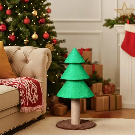 31.5" Christmas Tree Cat Scratcher – Large Sisal Scratching Post for Indoor Cats – Festive Holiday Cat Scratch Tower with Toy Balls (Green)