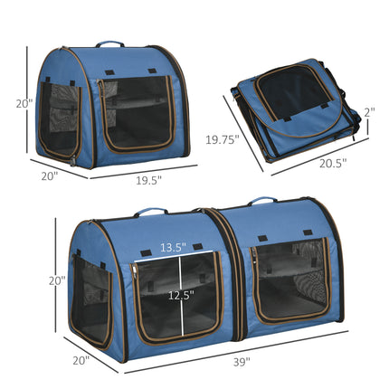 39" Portable Double Cat Carrier – Extra Large Two-Compartment Travel Crate with Divider – Foldable Soft-Sided Dog Kennel with Plush Cushions (Blue)