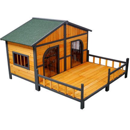 XL Double Wooden Dog House with Front Porch – Large Outdoor Pet Kennel with Elevated Floor – Weatherproof Twin-Room Dog Villa (Natural Wood)