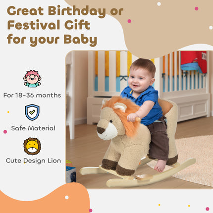 Plush Baby Rocking Lion with Sound – Wooden Rocking Animal with Safety Seat Belt – Interactive Toddler Rocker for 18-36 Months