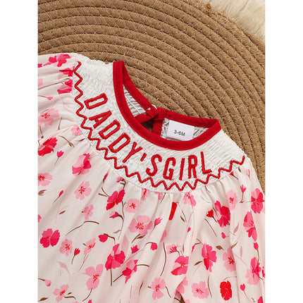 "Daddy's Girl" Smocked Baby Romper – Floral Print Princess Bodysuit – Hand-Embroidered Vintage Style Outfit for Infant Girls