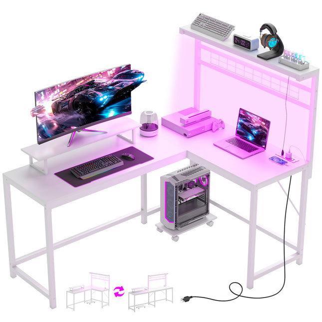 61.6" L-Shaped Gaming Desk with LED Lights & Power Outlets – White Computer Desk with Monitor Stand, CPU Shelf & Headphone Hook – Corner Workstation for Home Office & Gaming