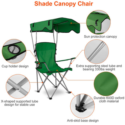 Heavy-Duty Hunter Green Camping Chair with Adjustable Canopy – 330lbs Capacity – Sunshade & Rain Shelter for Hunting, Fishing & Camping