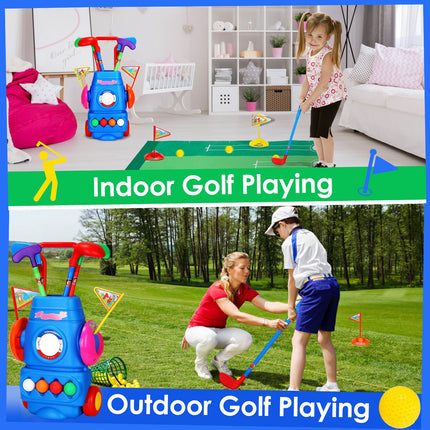Kids Golf Club Set with Wheeled Golf Cart – Indoor & Outdoor Toddler Golf Game – Includes 4 Clubs, 4 Balls, 2 Holes & Flags – Sports Toy for Kids Ages 3-5