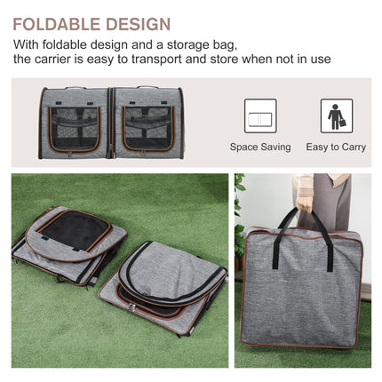 Portable Double Pet Carrier with Removable Divider – Two-Compartment Soft-Sided Cat & Dog Travel Bag – Foldable Grey Carrier with Padded Mats & Storage