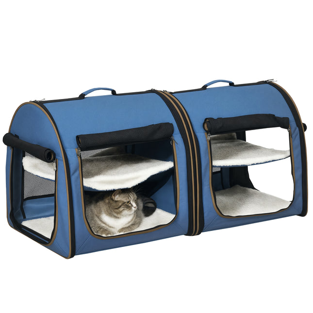 39" Portable Double Cat Carrier – Extra Large Two-Compartment Travel Crate with Divider – Foldable Soft-Sided Dog Kennel with Plush Cushions (Blue)