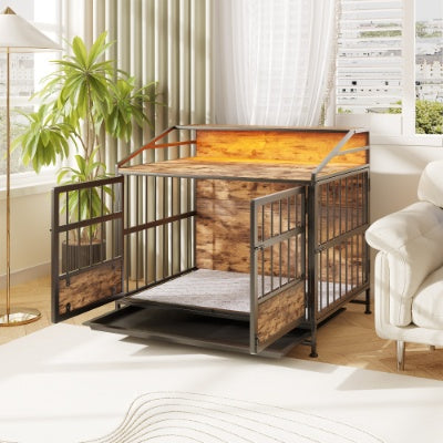 Luxury Furniture-Style Dog Crate with Storage Shelves – Large Wooden Pet Kennel with Double Doors – Decorative Dog House & Console Table (Rustic Brown)