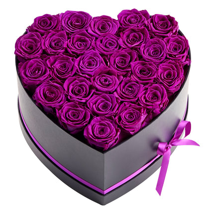 Forever Flowers Heart Box – 27 Real Preserved Purple Roses – Eternal Immortal Bouquet – Luxury Anniversary & Valentine’s Day Gift for Wife or Girlfriend