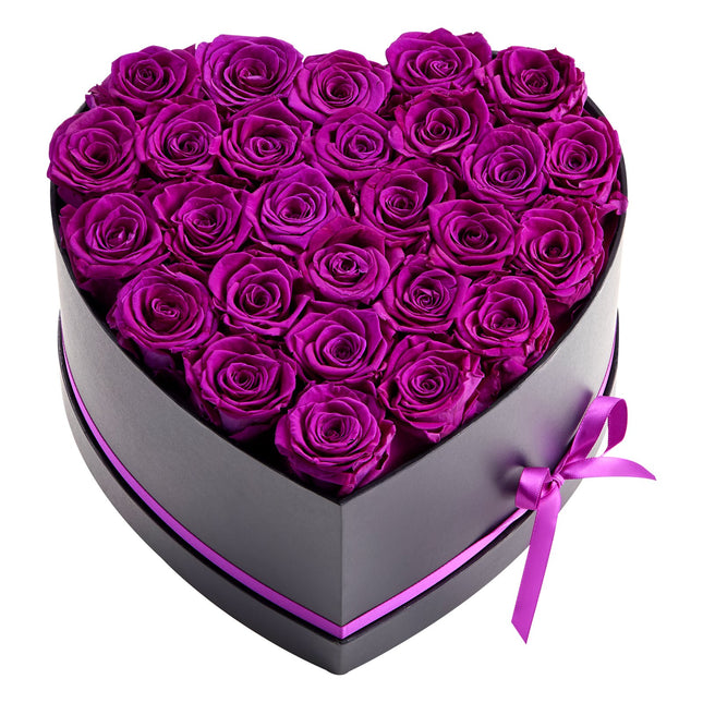 Forever Flowers Heart Box – 27 Real Preserved Purple Roses – Eternal Immortal Bouquet – Luxury Anniversary & Valentine’s Day Gift for Wife or Girlfriend