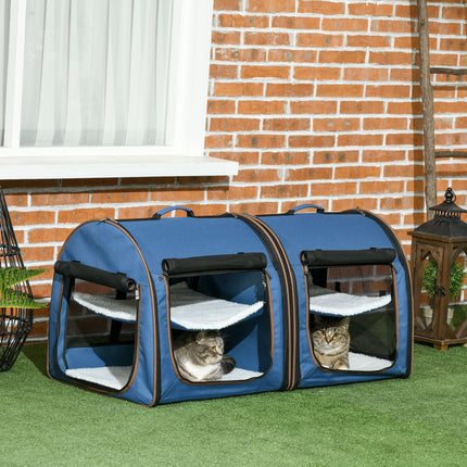 39" Portable Double Cat Carrier – Extra Large Two-Compartment Travel Crate with Divider – Foldable Soft-Sided Dog Kennel with Plush Cushions (Blue)