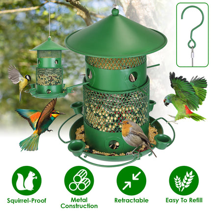 All-Metal Squirrel-Proof Bird Feeder – Chew-Proof Hanging Seed Dispenser with 360° Circular Perch & Integrated Water Cups – Heavy Duty Outdoor Feeder
