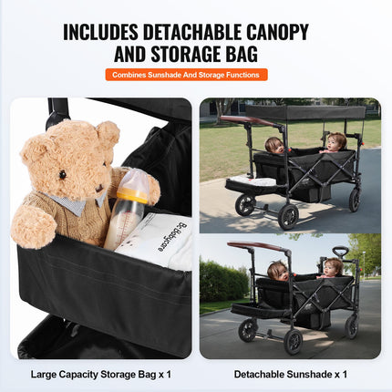 2-Seater Premium Wagon Stroller – Push/Pull Multi-Function Child Wagon – Collapsible Double Stroller with Adjustable Handle & Canopy – Black