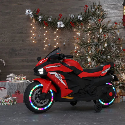 12V Kids Electric Ride-On Motorcycle – Sport Bike with Glowing LED Wheels & Bluetooth Music – Battery Powered 3-Wheel Tricycle for Boys & Girls 3-6 Years (Red)