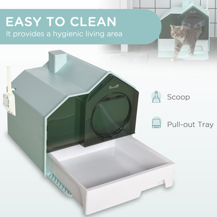 Hooded Cat Litter Box with Trapping Mat – Anti-Tracking Top Entry Litter Pan – Large Enclosed Kitty Washroom for Mess-Free Floors (Light Blue)