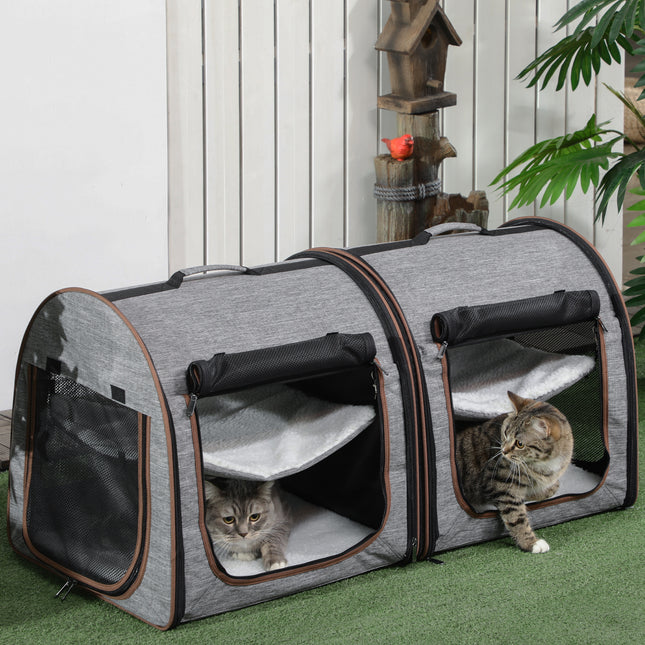 39" Portable Double Cat Carrier – Extra Large Two-Compartment Travel Crate with Removable Divider – Foldable Soft-Sided Dog Kennel with Plush Mats (Light Gray)