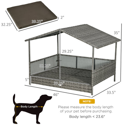 Luxury Rattan Outdoor Dog Bed with Removable Canopy – All-Weather Wicker Pet Daybed – Charcoal Gray Sofa with Washable Cushion for Medium & Large Dogs
