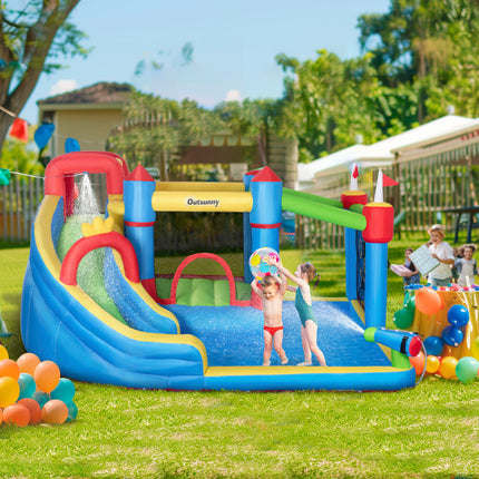 6-in-1 Inflatable Water Slide & Bounce House – Giant Bouncing Castle with Water Cannon, Climbing Wall & Splash Pool – Heavy Duty Outdoor Fun for Kids