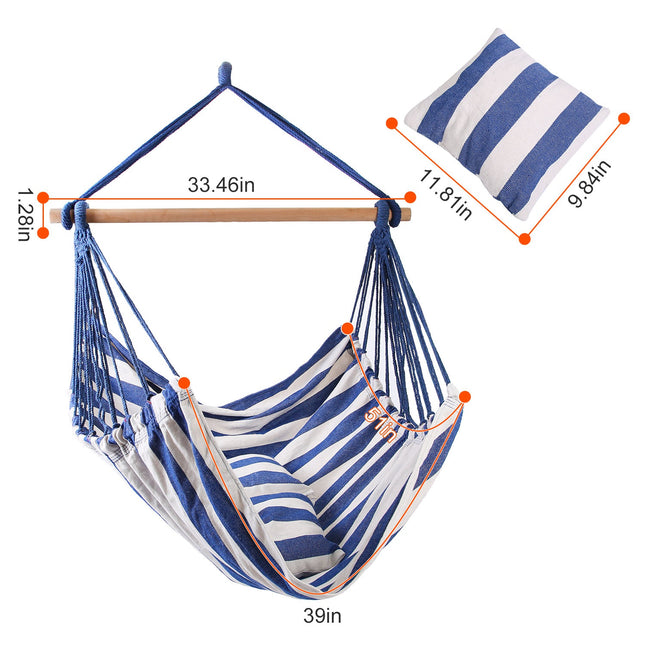 Premium Canvas Hammock Hanging Chair – Portable Swing Seat with Wooden Spreader Bar & 2 Pillows – 265lbs Capacity for Indoors & Outdoors