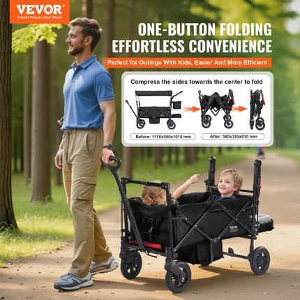 2-Seater Premium Wagon Stroller – Push/Pull Multi-Function Child Wagon – Collapsible Double Stroller with Adjustable Handle & Canopy – Black