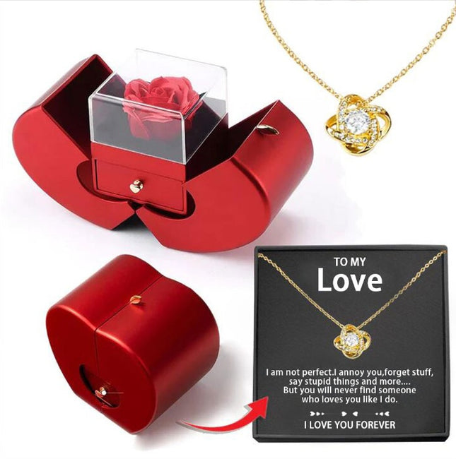 Red Apple Christmas Jewelry Box – Eternal Rose Gift Set – Romantic Surprise Box for Necklace & Rings – Ideal Mother’s & Valentine’s Day Gift