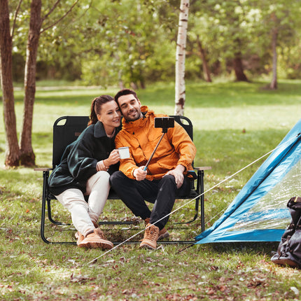 Double Folding Camping Chair – Portable 2-Person Loveseat – Outdoor Couch with Wood Armrests & Cup Holders – Black