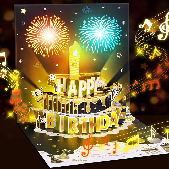 3D Pop-Up Happy Birthday Card with Music & LED Lights – Musical Cake Birthday Card – Surprise Birthday Gift for Kids, Friends & Family