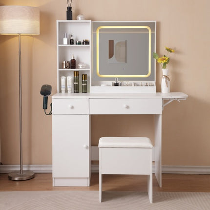 Professional Makeup Vanity Suite – 3-Color LED Mirror with Charging Station & Large Storage