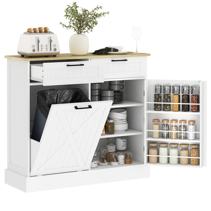 White Farmhouse Tilt-Out Trash Can Cabinet – 10 Gallon Hidden Waste Bin Holder – Modern Wooden Kitchen Island with 2 Storage Drawers