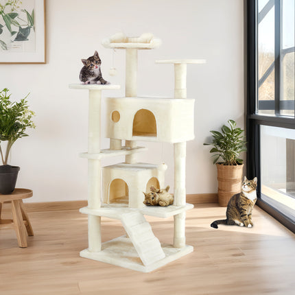 AuraModern™ Multi-Functional Cat Tree House – Luxury Wooden Cat Climbing Tower with Integrated Condo, Scratching Posts & Interactive Toys