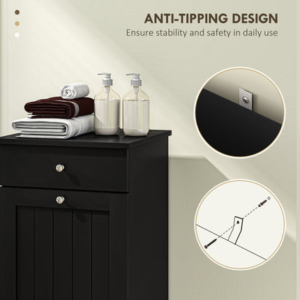 Tilt-Out Laundry Hamper Cabinet – Wooden Bathroom Storage Organizer with Drawer and Removable Basket – Elegant Black Finish