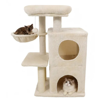 Multi-Level Cat Tree with 2-Tier Condo – 33.5-Inch Sisal Scratching Post Tower with Safety Strap for Indoor Cats