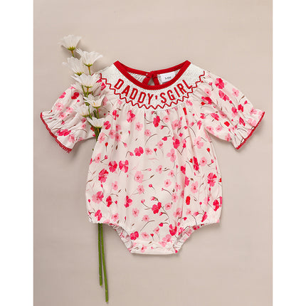 "Daddy's Girl" Smocked Baby Romper – Floral Print Princess Bodysuit – Hand-Embroidered Vintage Style Outfit for Infant Girls