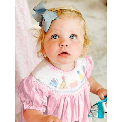 Baby Girl First Birthday Smocked Romper – Embroidered Birthday Cake Princess Bodysuit – Vintage Style Short Sleeve Bubble Romper