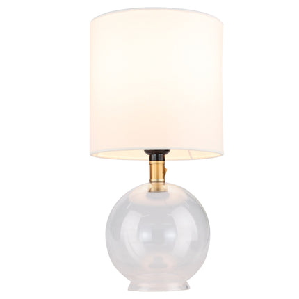 Minimalist Glass Table Lamp with Cylindrical Fabric Shade – Modern Bedside Nightstand Lamp for Bedroom & Living Room – Clear Glass Base