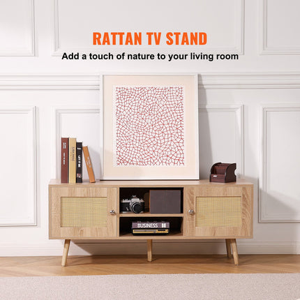 55" Rattan TV Stand – Boho-Chic Entertainment Center with Natural Rattan Doors – Mid-Century Modern Media Console for Living Room