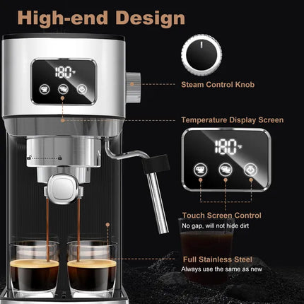 Stainless Steel Espresso & Cappuccino Machine – Dual-Method Brewing (Ground Coffee & E.S.E. Pods) – Integrated Steam Wand & Precise Temp Gauge