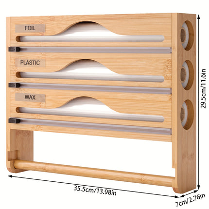 3-in-1 Sustainable Bamboo Cling Film & Foil Dispenser – Wall-Mounted Organizer with Paper Towel Holder