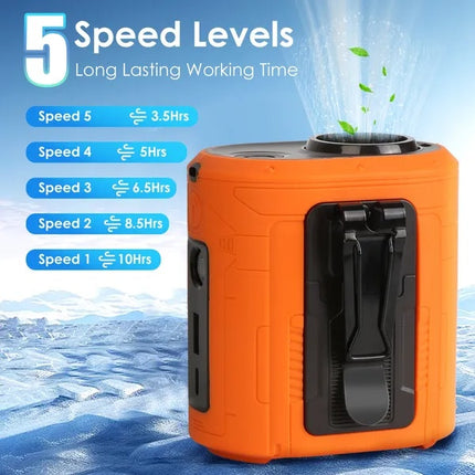 5-in-1 Portable Waist Clip Fan - 5 Speeds Wearable Turbo Belt Fan with LED Flashlight & Power Bank - Hands-Free Personal Fan for Job Sites, Camping & Hiking