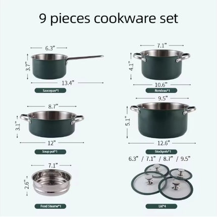Eco-Friendly Non-Stick Ceramic Pot Set – 9-Piece Professional Induction-Ready Kitchenware with Steamer – Pastel Green