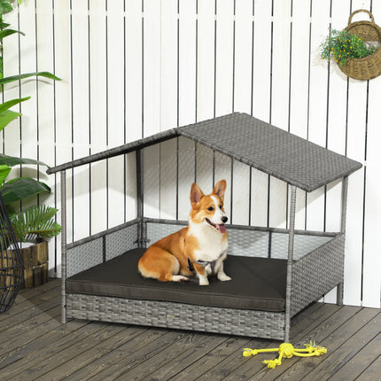Luxury Rattan Outdoor Dog Bed with Removable Canopy – All-Weather Wicker Pet Daybed – Charcoal Gray Sofa with Washable Cushion for Medium & Large Dogs