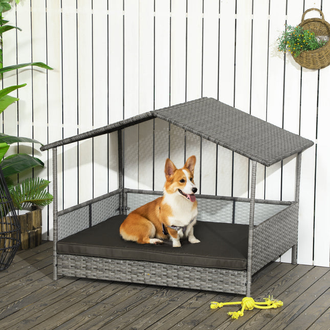 Luxury Rattan Outdoor Dog Bed with Removable Canopy – All-Weather Wicker Pet Daybed – Charcoal Gray Sofa with Washable Cushion for Medium & Large Dogs