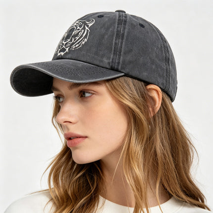Vintage Washed Cotton Tiger Embroidered Baseball Cap – Adjustable Low-Profile Wildlife Hat for Men & Women