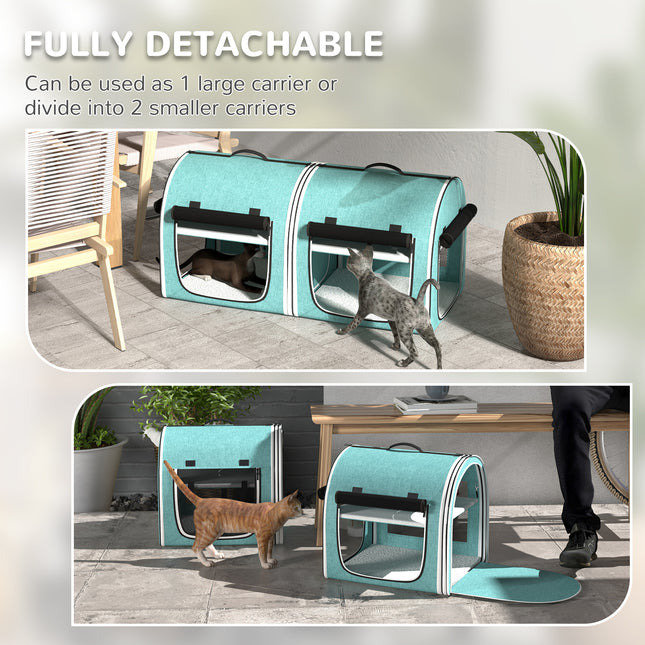 39" Portable Double Pet Carrier with Divider – Two Compartment Soft Cat & Dog Travel Bag – Foldable Green Carrier with Plush Cushions & Storage