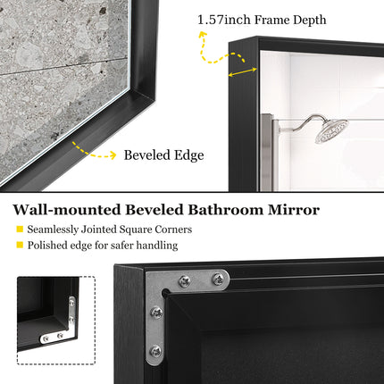 40" x 30" Glossy Black Bathroom Wall Mirror – Large Rectangular Vanity Mirror with Aluminum Frame – Modern Decorative Mirror for Home & Hotel