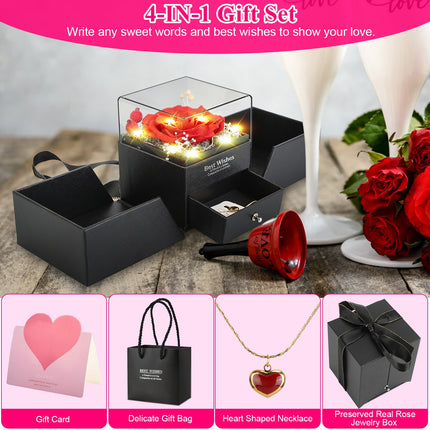 Preserved Real Red Rose with Heart Necklace – Eternal Flower Jewelry Box – Romantic Gift for Wife, Girlfriend, Mom on Anniversary & Valentine’s Day