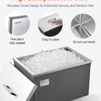 31.7 QT Drop-In Ice Chest – 20"x14"x12" Stainless Steel Ice Bin with Lid – Built-in Cooler for Outdoor Kitchen, BBQ Island & Bar